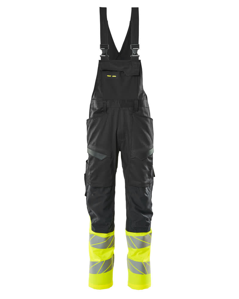 Mascot Accelerate Safe Bib & Brace with Kneepad Pockets #colour_black-hi-vis-yellow