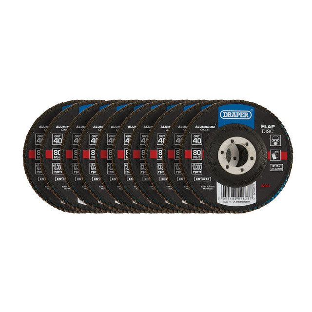 Draper Tools Aluminium Oxide Flap Discs, 115 x 22.23mm, 40 Grit (Pack Of 10)