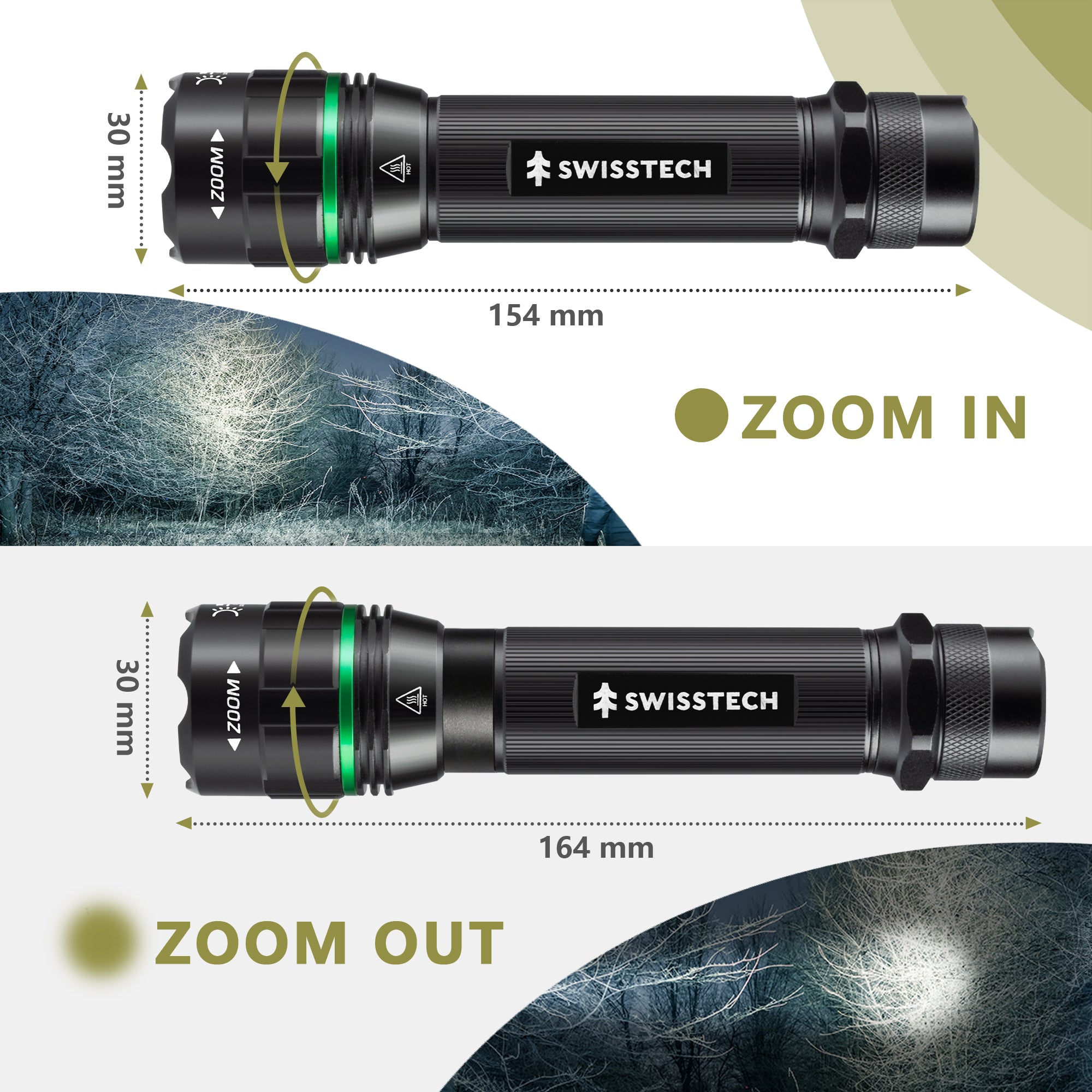 Scruffs Swiss-Tech Rechargeable Focus LED Flashlight - USB Rechargeable Zoom Torch - 18650 & 3 x AAA Compatible
