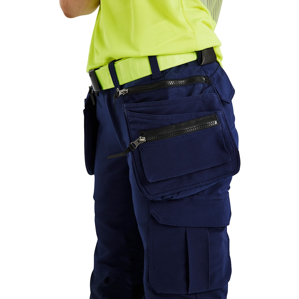 Blaklader Women's Hi-Vis 4-Way-Stretch Trousers 7193 #colour_navy-blue-hi-vis-yellow