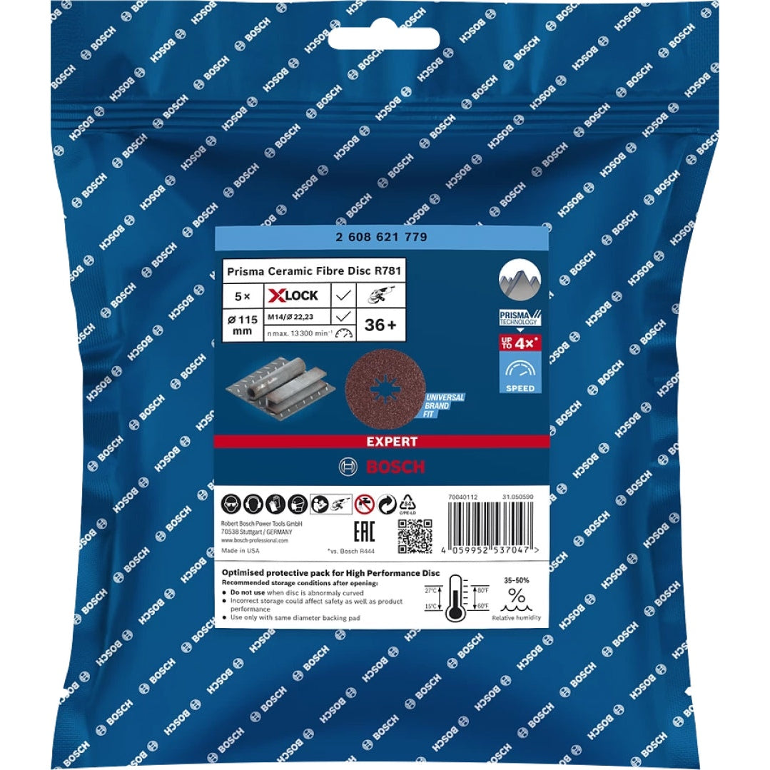 Bosch Professional Expert R781 Prisma Ceramic X-LOCK Fibre Disc - 115mm, G36, 5-pc, 22.23mm