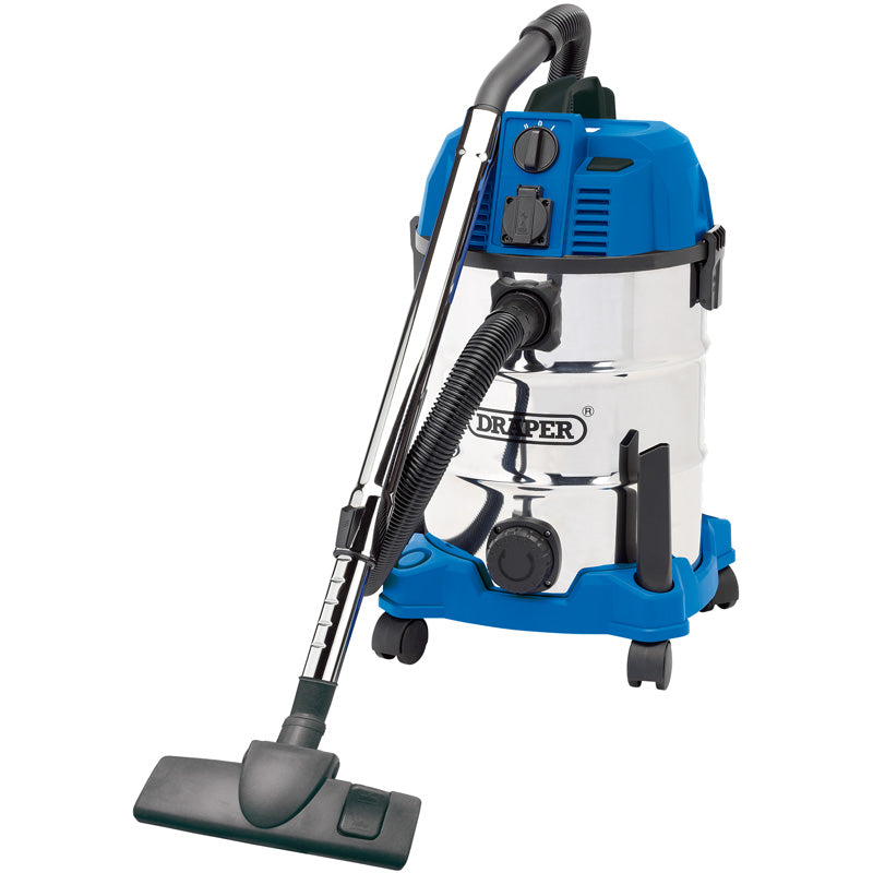 Draper 30L Wet and Dry Vacuum Cleaner with Stainless Steel Tank and Integrated 230V Power Socket (1600W)